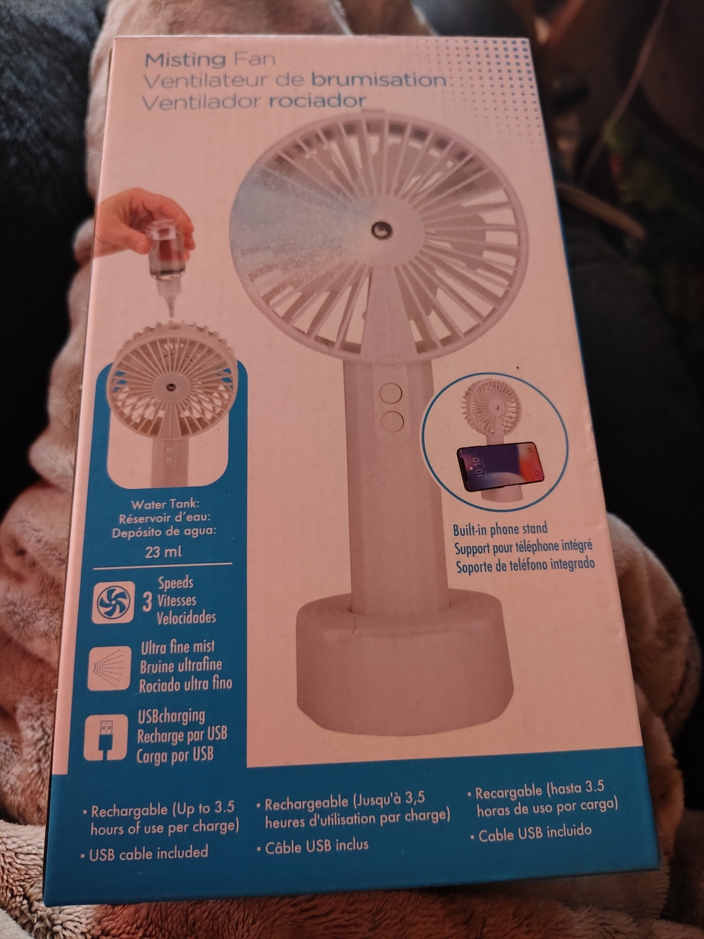 New Misting Fan Handheld Table Fan with Phone Stand - White
